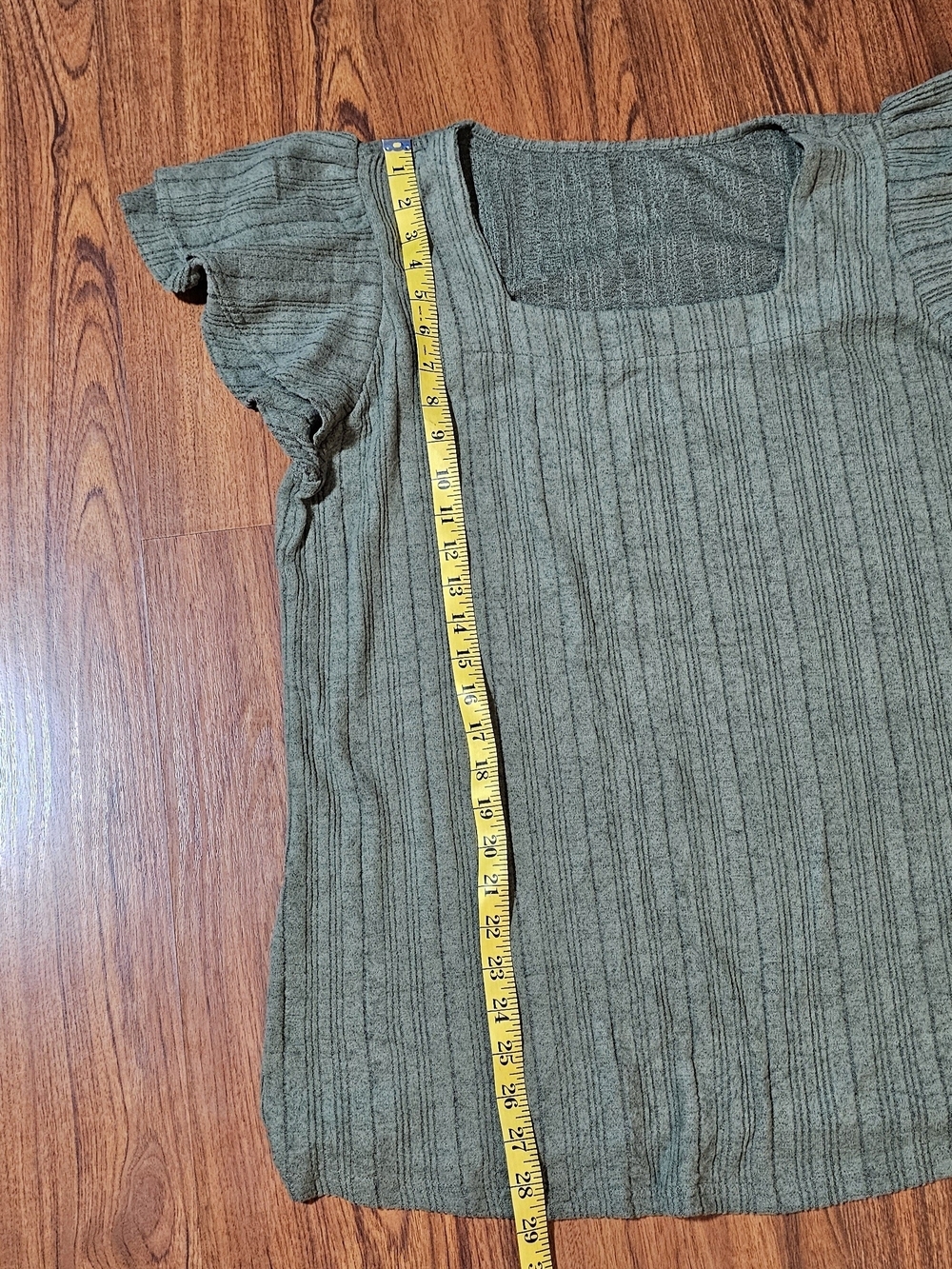 Square Neck Olive Green Flutter Sleeve Top - Picture 5 of 9